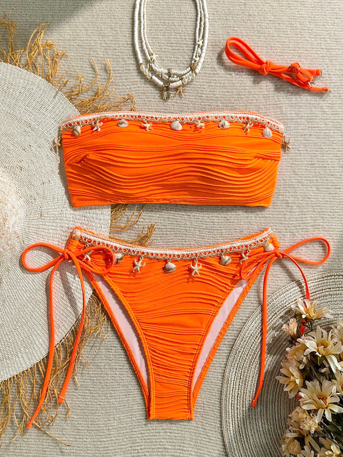 Swim Mod Summer Women 2pcs Textured Solid Color Shell Strap Decor Halter Tie Bikini Set Set, Handmade Shell Quantity Random