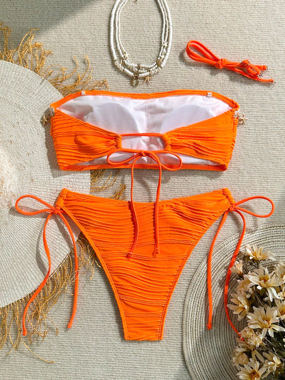 Swim Mod Summer Women 2pcs Textured Solid Color Shell Strap Decor Halter Tie Bikini Set Set, Handmade Shell Quantity Random