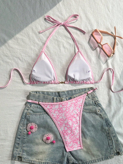 Swim Mod Women's Beach Outfit, Bohemian Floral & Porcelain Print, Fashionable Casual Resort Sexy Women's Swimwear Set, Halter Bikini