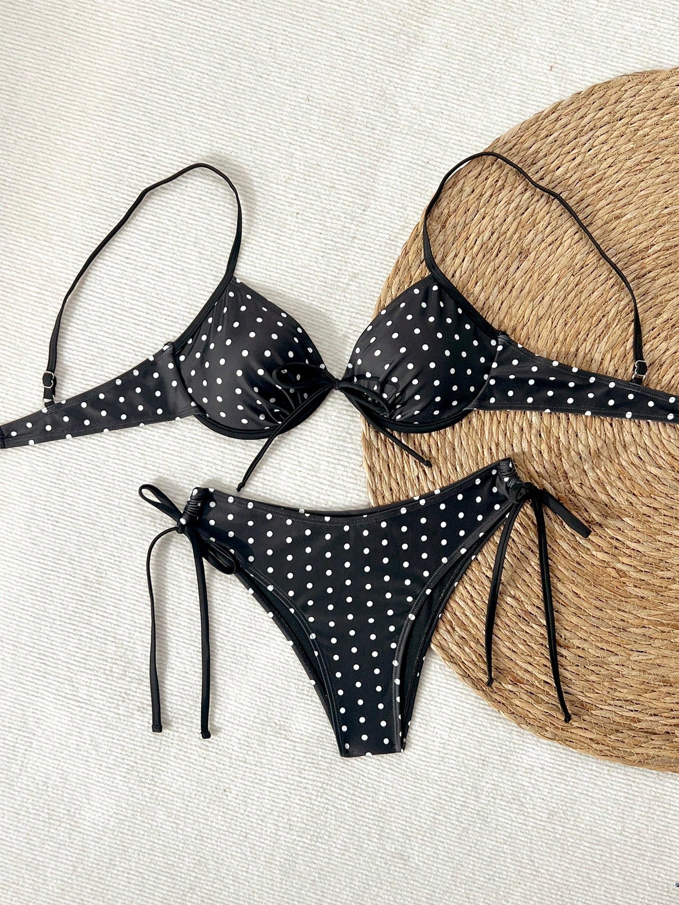 Swim Mod Women's Black And White Polka Dot Bikini Set,Underwire Spaghetti Strap Bowknot Top With Side Drawstring High Cut Bottoms,Summer Tropical Beach Party