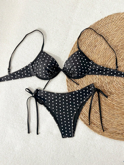 Swim Mod Women's Black And White Polka Dot Bikini Set,Underwire Spaghetti Strap Bowknot Top With Side Drawstring High Cut Bottoms,Summer Tropical Beach Party