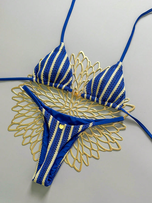 Swim Mod Women's Blue Striped Backless Bikini Set Sexy Sleeveless Spaghetti Strap Swimwear For Beach Regular Fit Summer