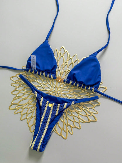 Swim Mod Women's Blue Striped Backless Bikini Set Sexy Sleeveless Spaghetti Strap Swimwear For Beach Regular Fit Summer