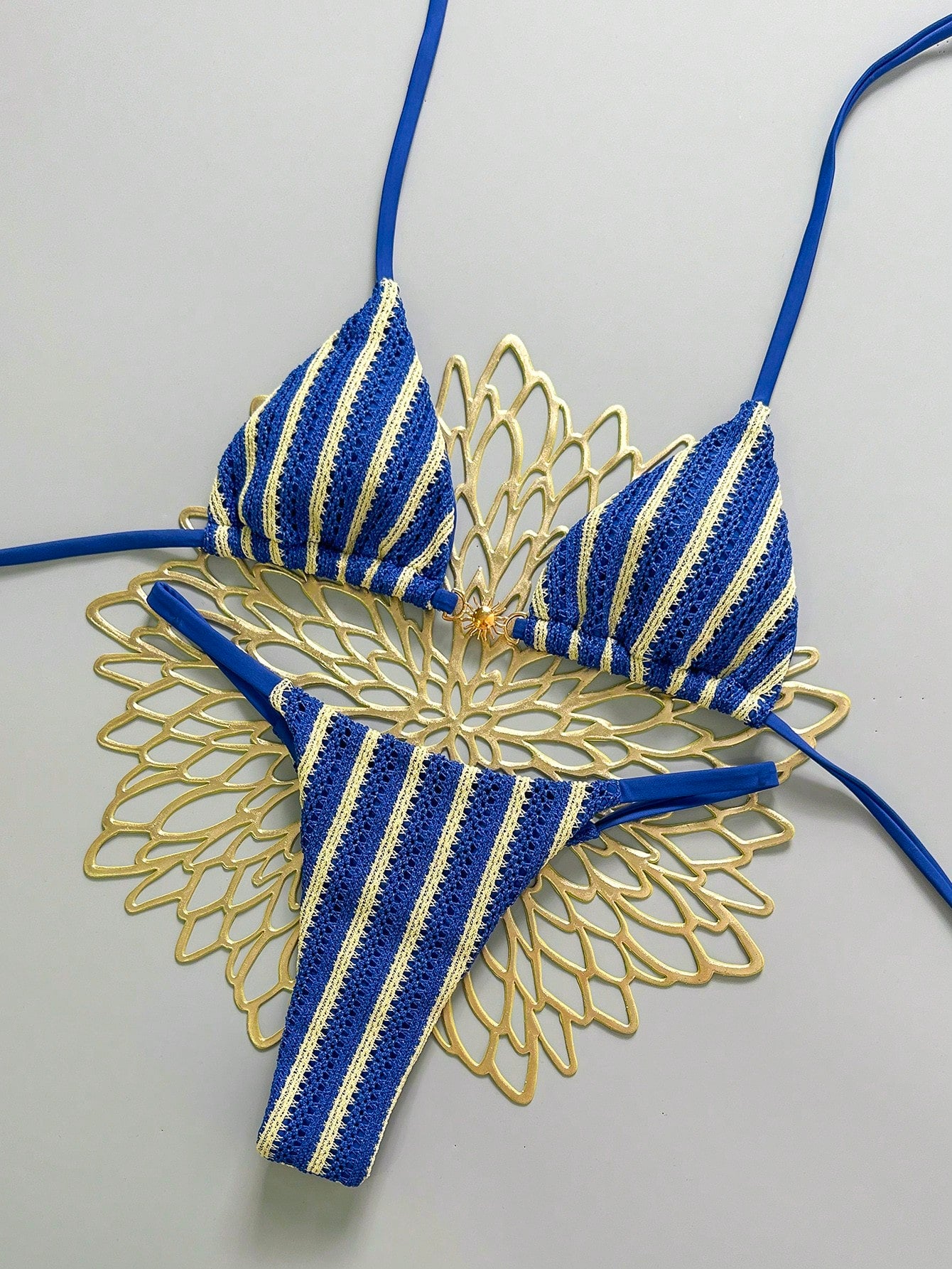 Swim Mod Women's Blue Striped Backless Bikini Set Sexy Sleeveless Spaghetti Strap Swimwear For Beach Regular Fit Summer