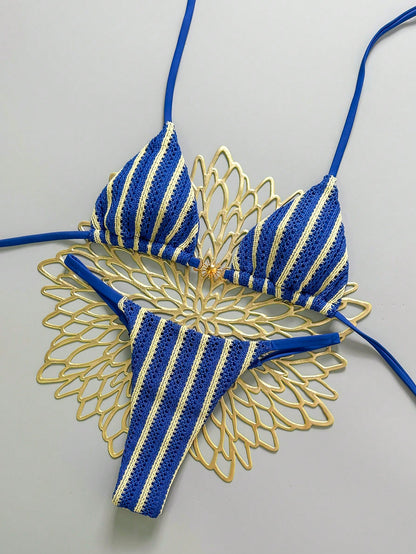 Swim Mod Women's Blue Striped Backless Bikini Set Sexy Sleeveless Spaghetti Strap Swimwear For Beach Regular Fit Summer