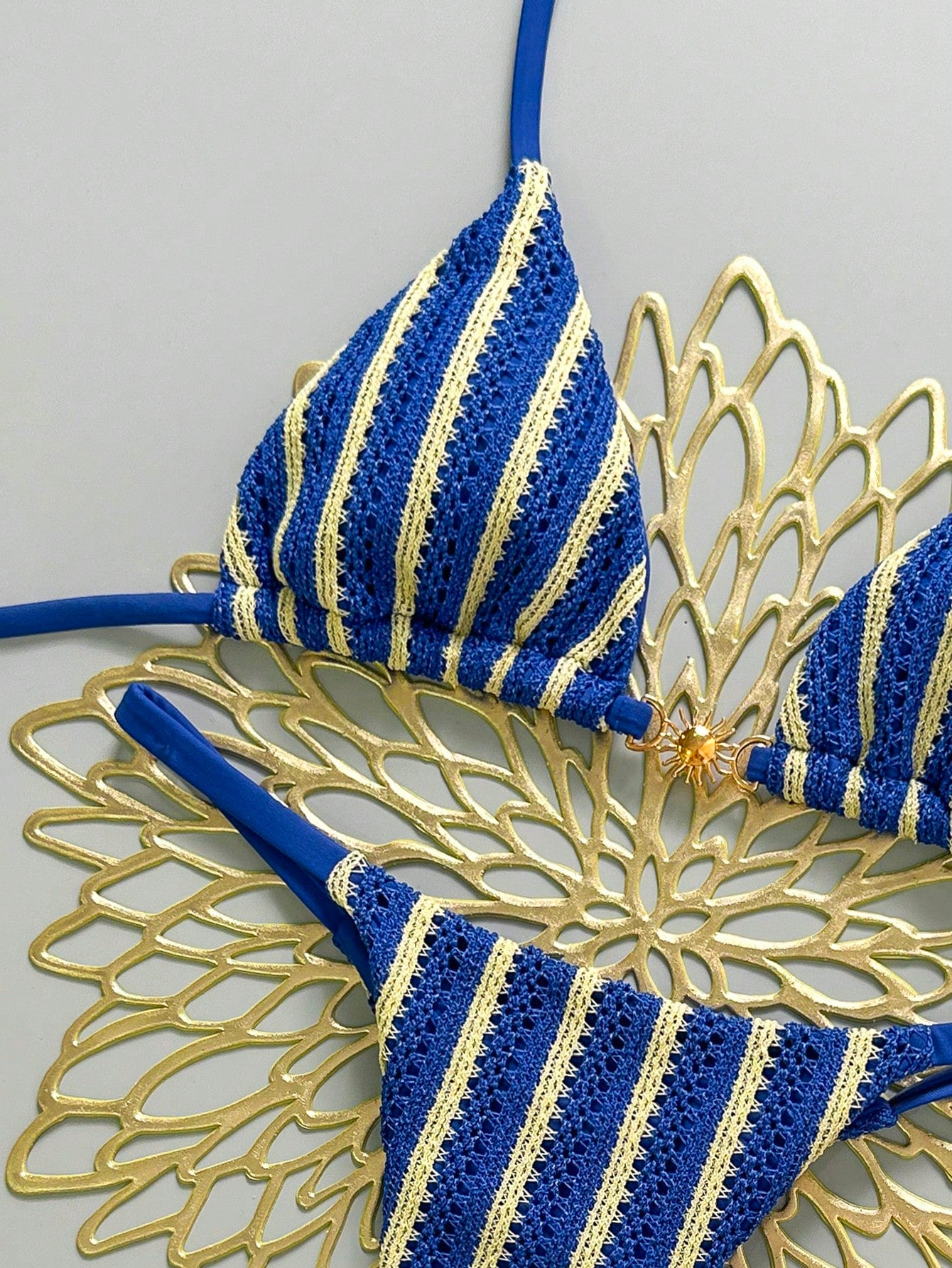 Swim Mod Women's Blue Striped Backless Bikini Set Sexy Sleeveless Spaghetti Strap Swimwear For Beach Regular Fit Summer