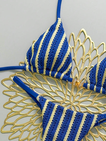 Swim Mod Women's Blue Striped Backless Bikini Set Sexy Sleeveless Spaghetti Strap Swimwear For Beach Regular Fit Summer