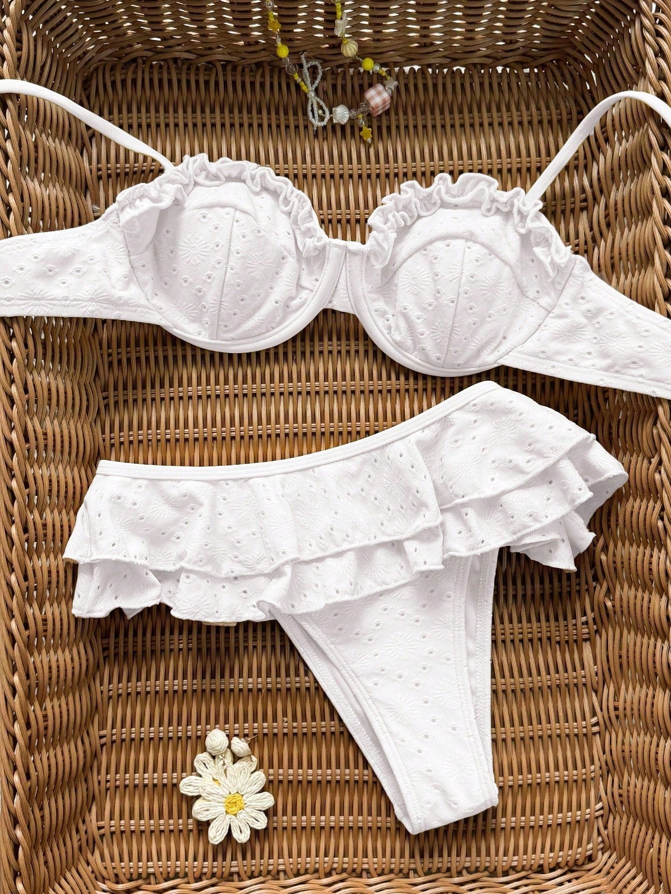 Swim Mod Women's Cute White Eyelet Ruffle Trim Bikini Set 2 Pieces,Summer Tropical Holiday Pool Party Vacation Holiday,Casual Beach Special Fabric Swimwear