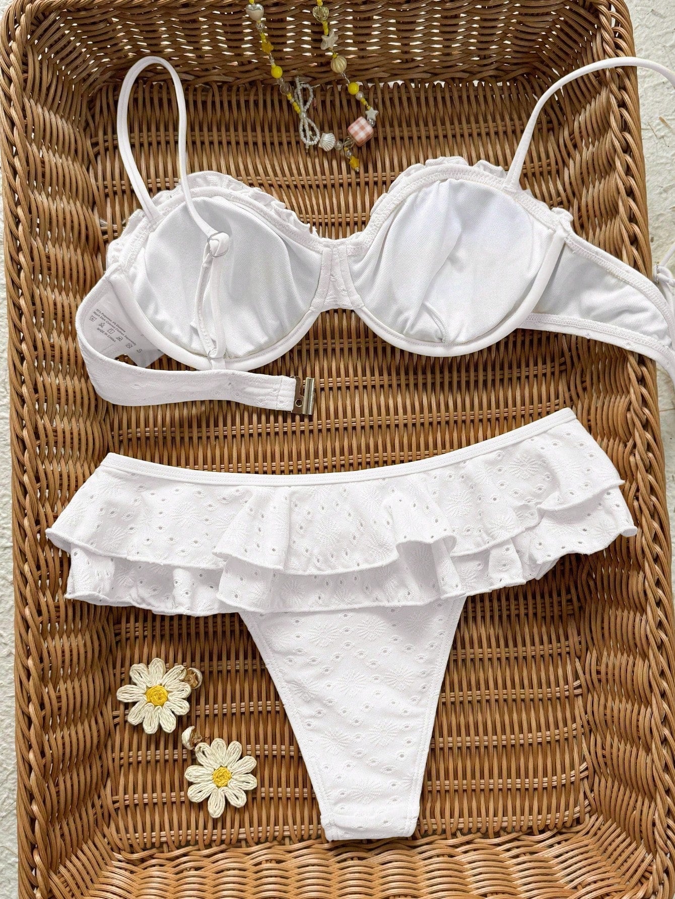Swim Mod Women's Cute White Eyelet Ruffle Trim Bikini Set 2 Pieces,Summer Tropical Holiday Pool Party Vacation Holiday,Casual Beach Special Fabric Swimwear