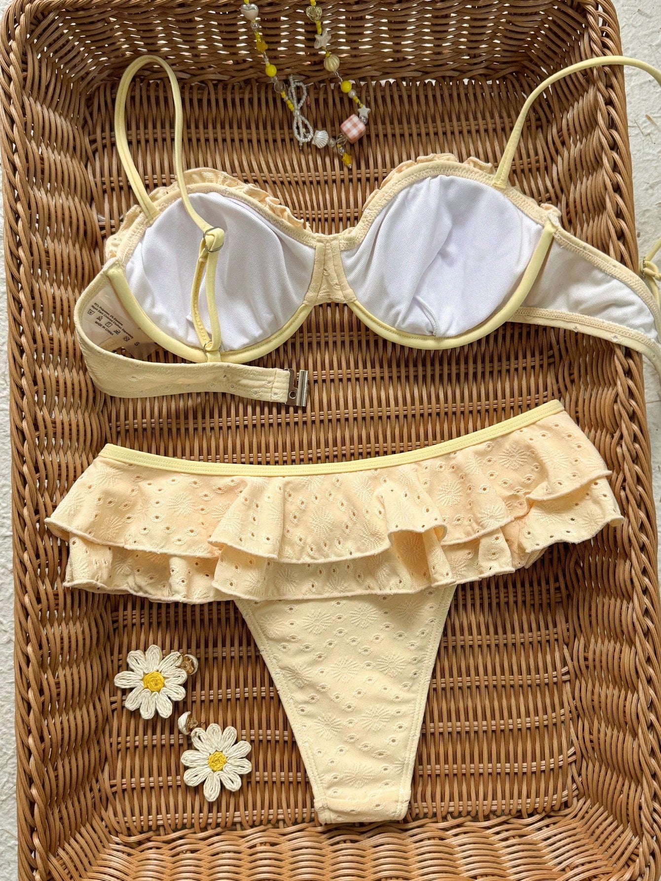 Swim Mod Women's Cute White Eyelet Ruffle Trim Bikini Set 2 Pieces,Summer Tropical Holiday Pool Party Vacation Holiday,Casual Beach Special Fabric Swimwear