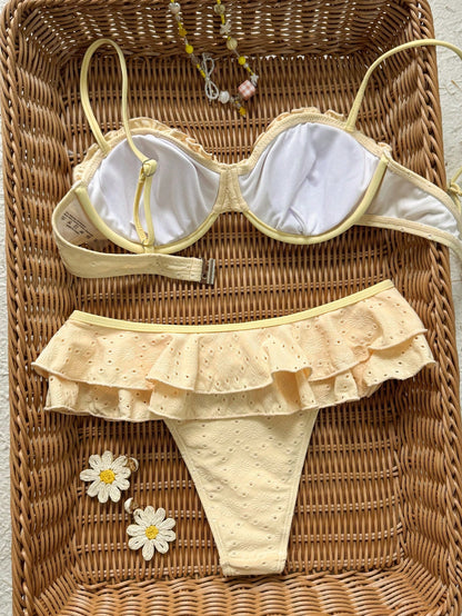 Swim Mod Women's Cute White Eyelet Ruffle Trim Bikini Set 2 Pieces,Summer Tropical Holiday Pool Party Vacation Holiday,Casual Beach Special Fabric Swimwear