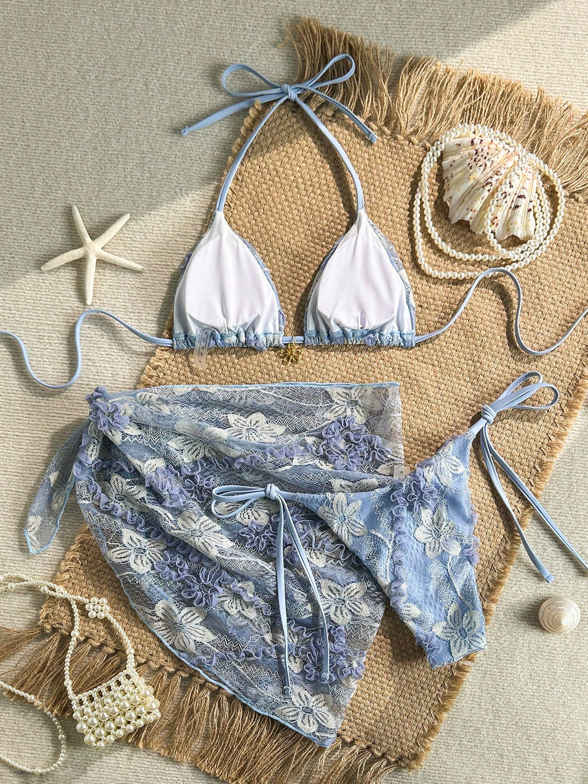 Swim Mod Women's Light Blue Floral 3-Piece Set,Halter Triangle Bra,Side Tie Bikini Bottoms Sarong Skirt,Summer Tropical Holiday Pool Party Beach Vacation