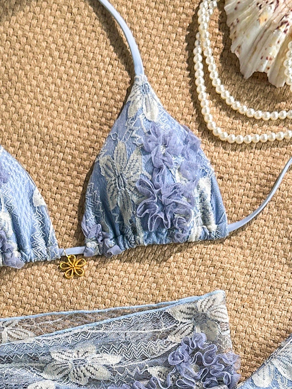 Swim Mod Women's Light Blue Floral 3-Piece Set,Halter Triangle Bra,Side Tie Bikini Bottoms Sarong Skirt,Summer Tropical Holiday Pool Party Beach Vacation
