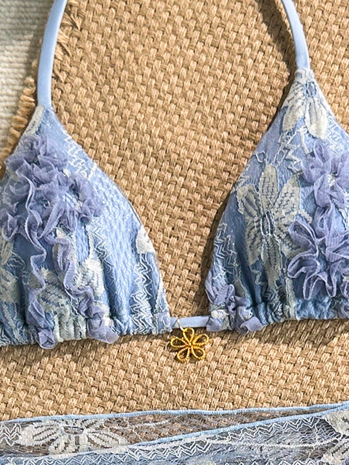 Swim Mod Women's Light Blue Floral 3-Piece Set,Halter Triangle Bra,Side Tie Bikini Bottoms Sarong Skirt,Summer Tropical Holiday Pool Party Beach Vacation