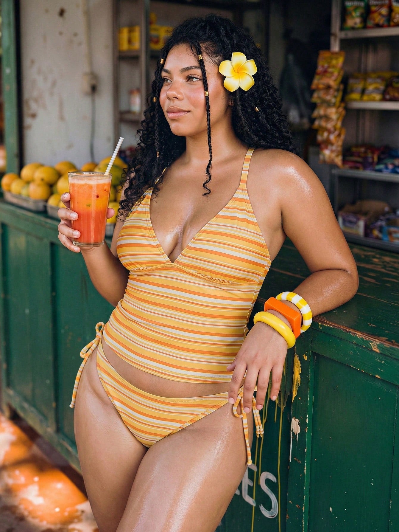 Swim Mod Women's Plus Size Tankini,Orange Summer Beach Vacation Holiday,Stripe Print Adjustable Spaghetti Strap Bikini Set,Boho Chic Goddess Beachwear