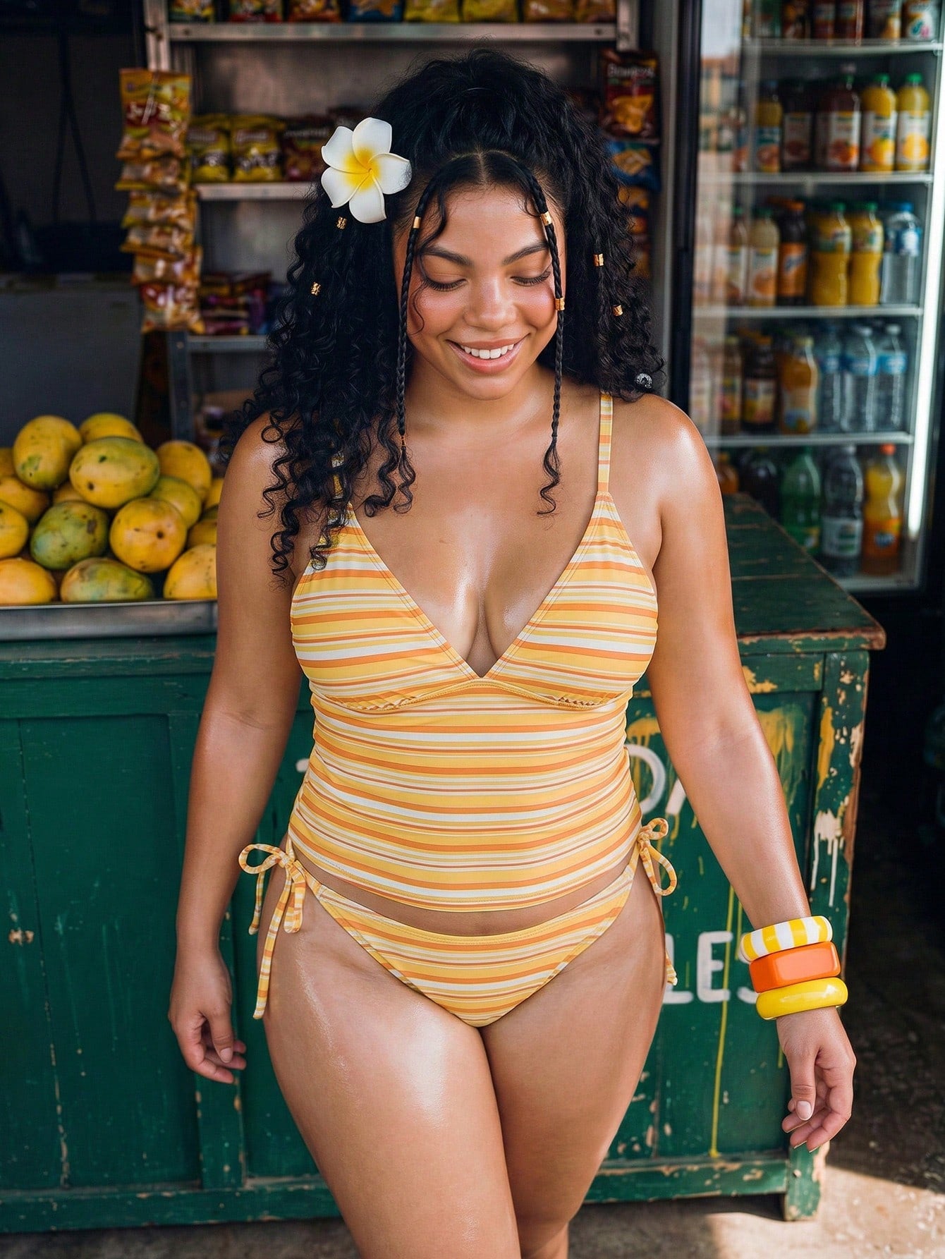 Swim Mod Women's Plus Size Tankini,Orange Summer Beach Vacation Holiday,Stripe Print Adjustable Spaghetti Strap Bikini Set,Boho Chic Goddess Beachwear