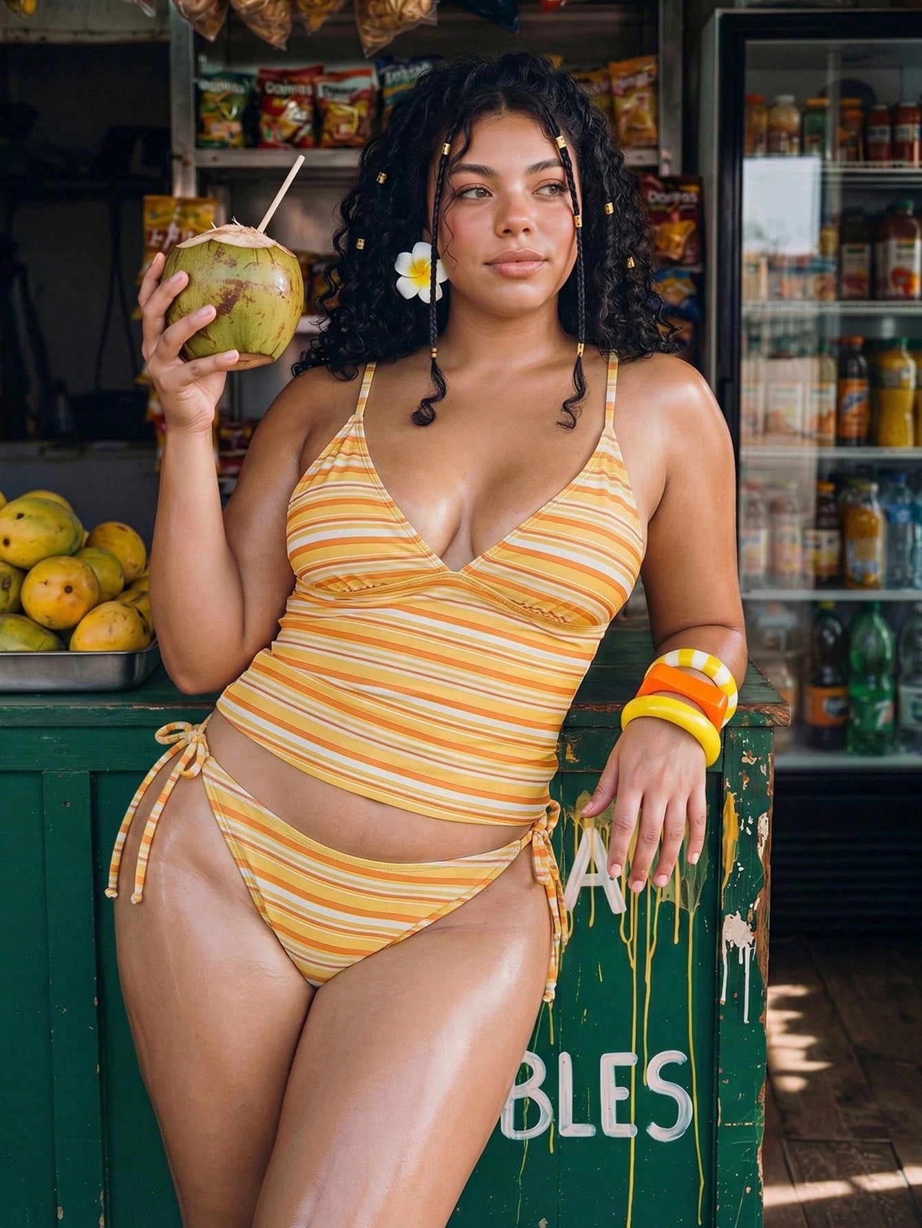Swim Mod Women's Plus Size Tankini,Orange Summer Beach Vacation Holiday,Stripe Print Adjustable Spaghetti Strap Bikini Set,Boho Chic Goddess Beachwear