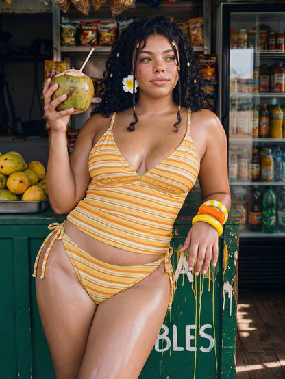 Swim Mod Women's Plus Size Tankini,Orange Summer Beach Vacation Holiday,Stripe Print Adjustable Spaghetti Strap Bikini Set,Boho Chic Goddess Beachwear