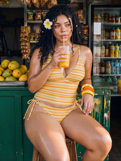 Swim Mod Women's Plus Size Tankini,Orange Summer Beach Vacation Holiday,Stripe Print Adjustable Spaghetti Strap Bikini Set,Boho Chic Goddess Beachwear
