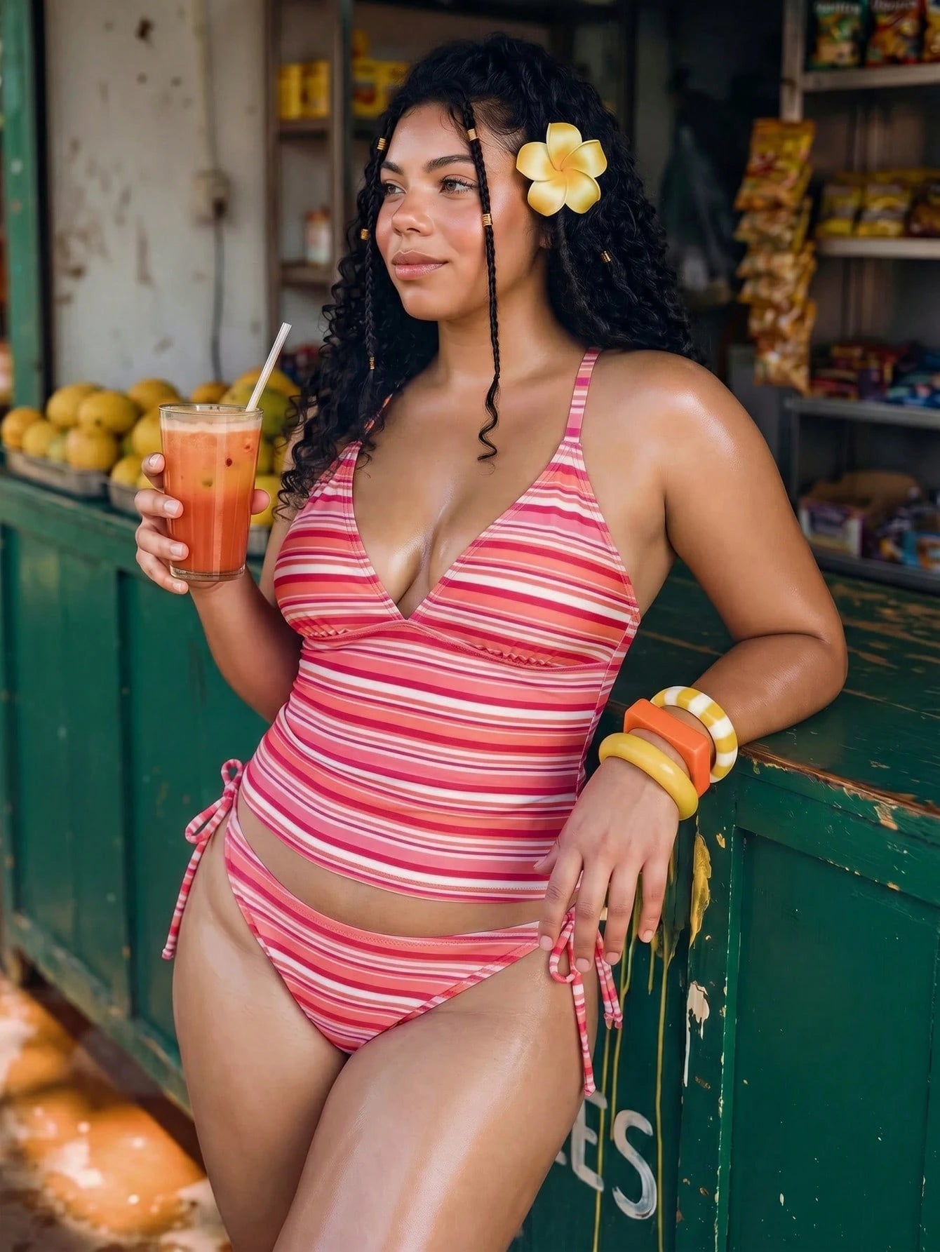 Swim Mod Women's Plus Size Tankini,Orange Summer Beach Vacation Holiday,Stripe Print Adjustable Spaghetti Strap Bikini Set,Boho Chic Goddess Beachwear