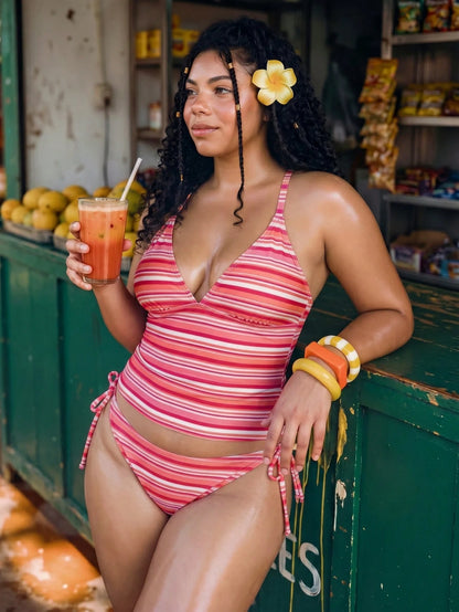 Swim Mod Women's Plus Size Tankini,Orange Summer Beach Vacation Holiday,Stripe Print Adjustable Spaghetti Strap Bikini Set,Boho Chic Goddess Beachwear