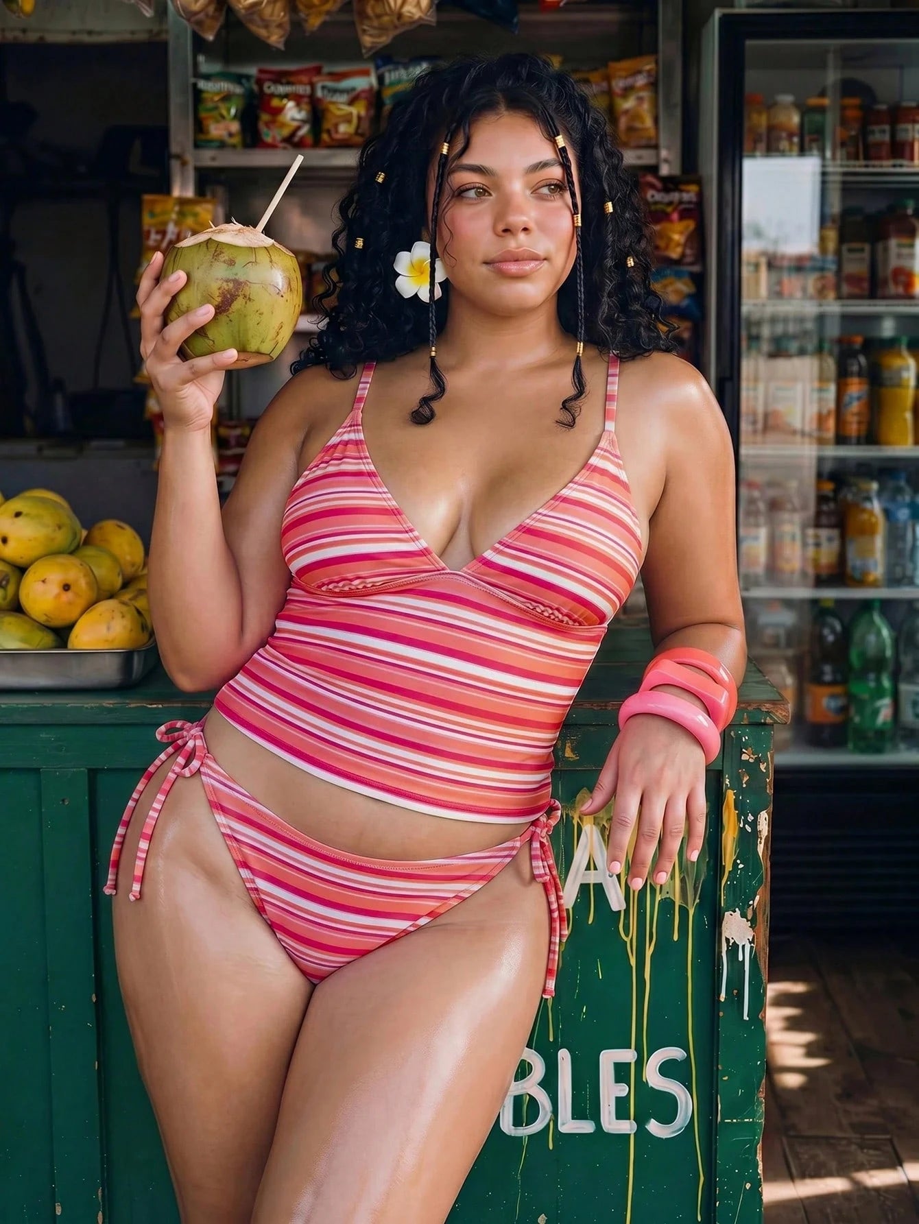 Swim Mod Women's Plus Size Tankini,Orange Summer Beach Vacation Holiday,Stripe Print Adjustable Spaghetti Strap Bikini Set,Boho Chic Goddess Beachwear