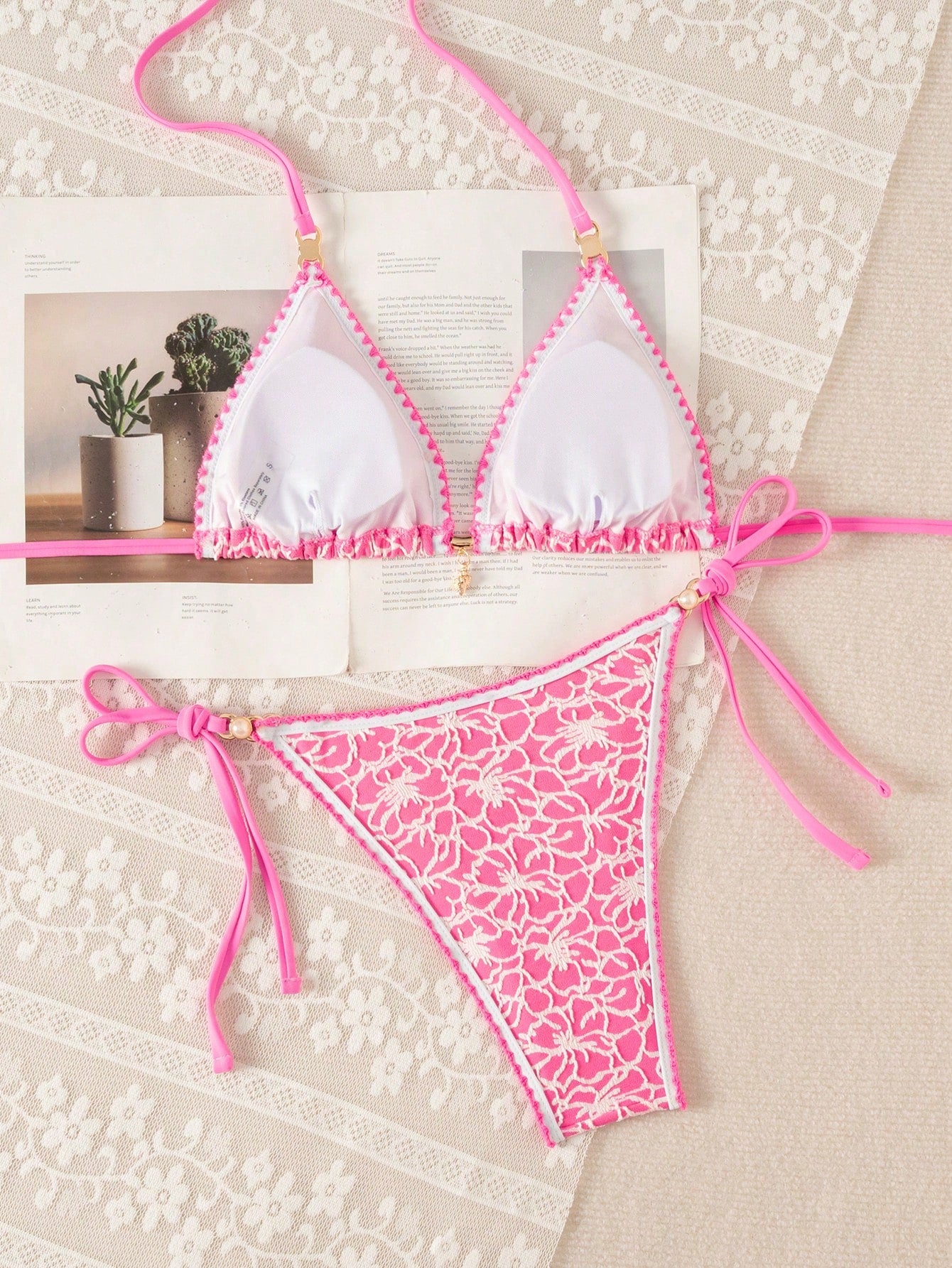 Swim Mod Women's Summer Beach All-Over Print Halter Tie Sexy Bikini And Triangle Bottom Two-Piece Swimsuit Set