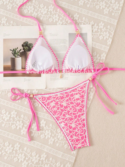 Swim Mod Women's Summer Beach All-Over Print Halter Tie Sexy Bikini And Triangle Bottom Two-Piece Swimsuit Set