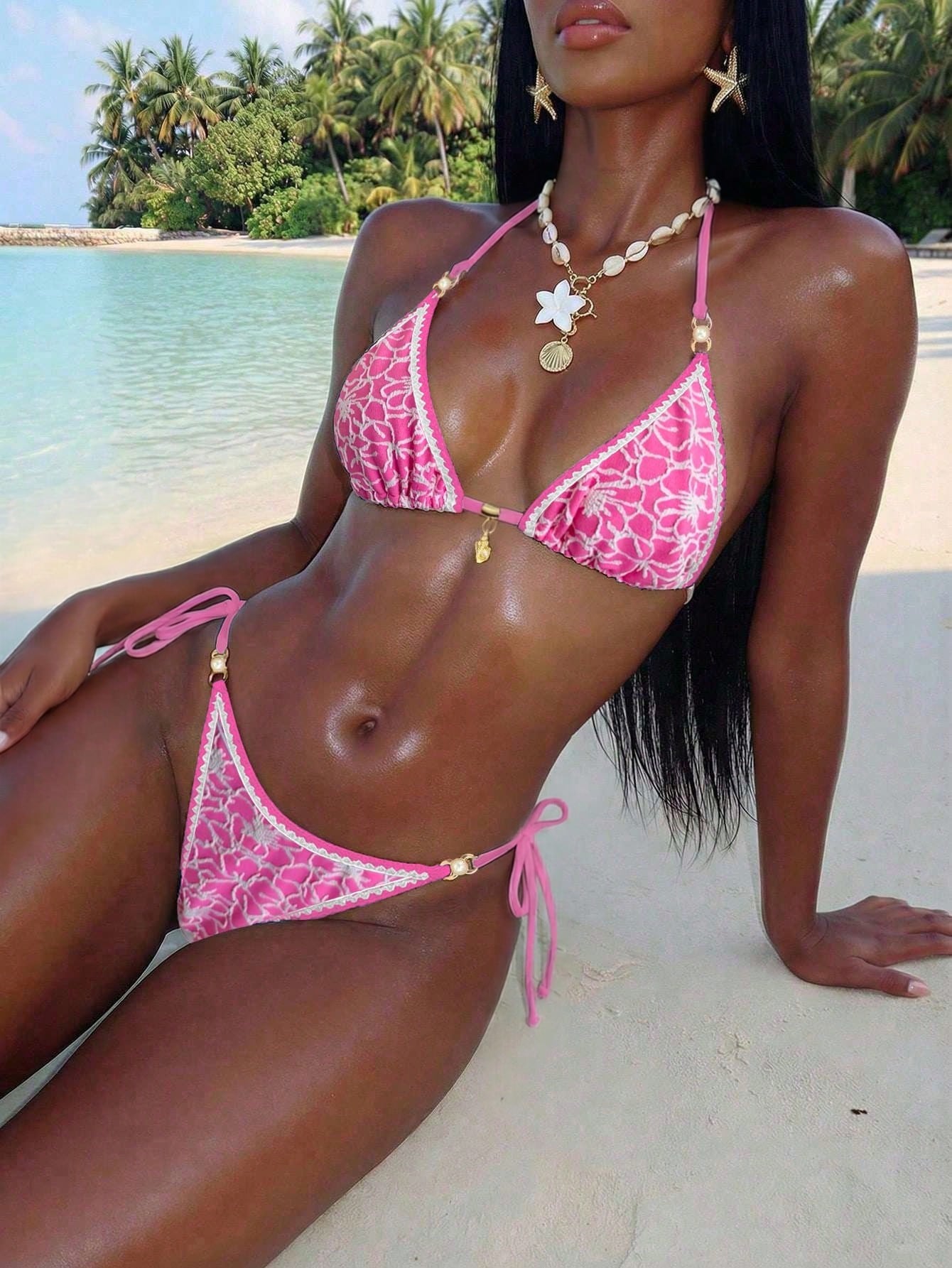 Swim Mod Women's Summer Beach All-Over Print Halter Tie Sexy Bikini And Triangle Bottom Two-Piece Swimsuit Set