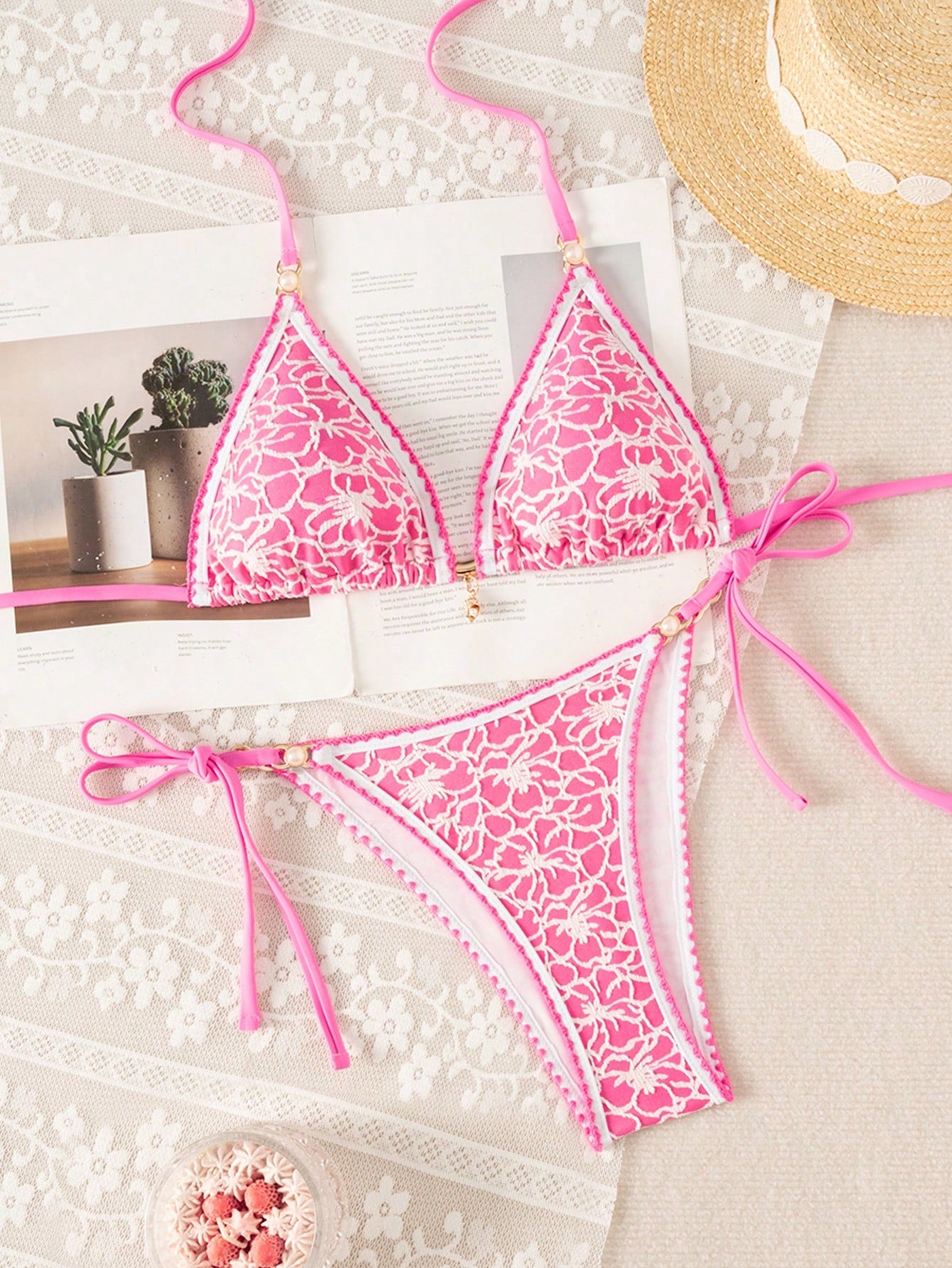 Swim Mod Women's Summer Beach All-Over Print Halter Tie Sexy Bikini And Triangle Bottom Two-Piece Swimsuit Set