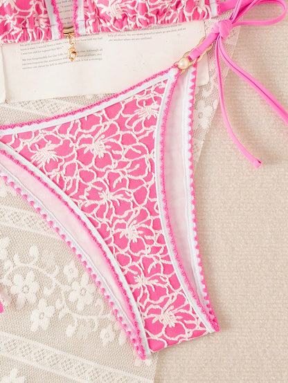 Swim Mod Women's Summer Beach All-Over Print Halter Tie Sexy Bikini And Triangle Bottom Two-Piece Swimsuit Set