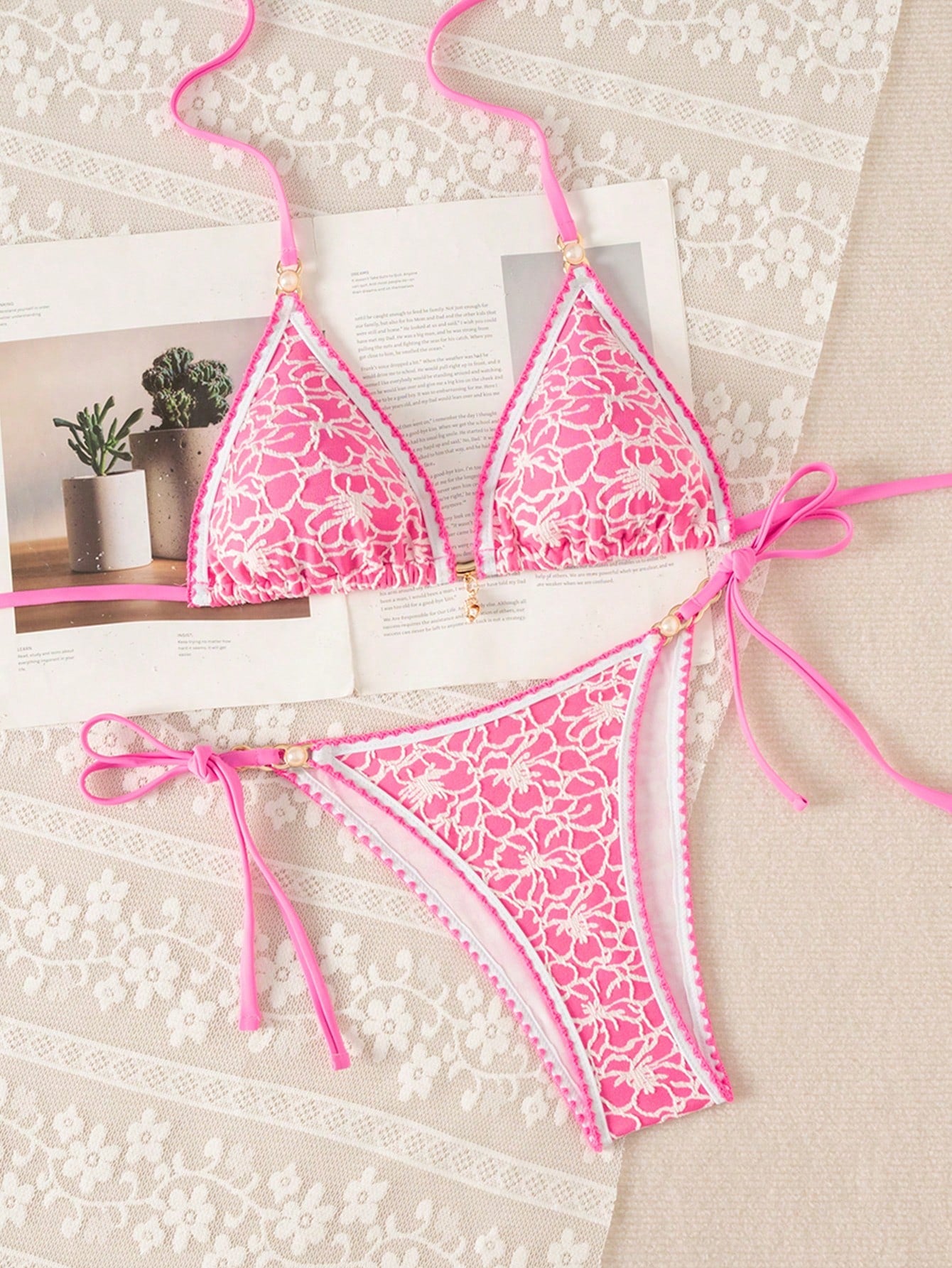 Swim Mod Women's Summer Beach All-Over Print Halter Tie Sexy Bikini And Triangle Bottom Two-Piece Swimsuit Set