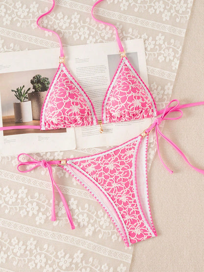 Swim Mod Women's Summer Beach All-Over Print Halter Tie Sexy Bikini And Triangle Bottom Two-Piece Swimsuit Set