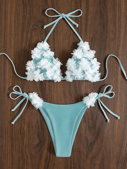 Swim Mod Women's Summer Beach Party 3D Flower Decor Halter Neck Tie Sexy Cute Bikini Triangle Bottoms Two-Piece Swimsuit Set Light Blue Floral