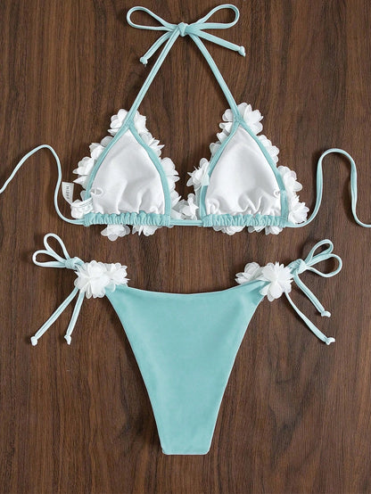 Swim Mod Women's Summer Beach Party 3D Flower Decor Halter Neck Tie Sexy Cute Bikini Triangle Bottoms Two-Piece Swimsuit Set Light Blue Floral