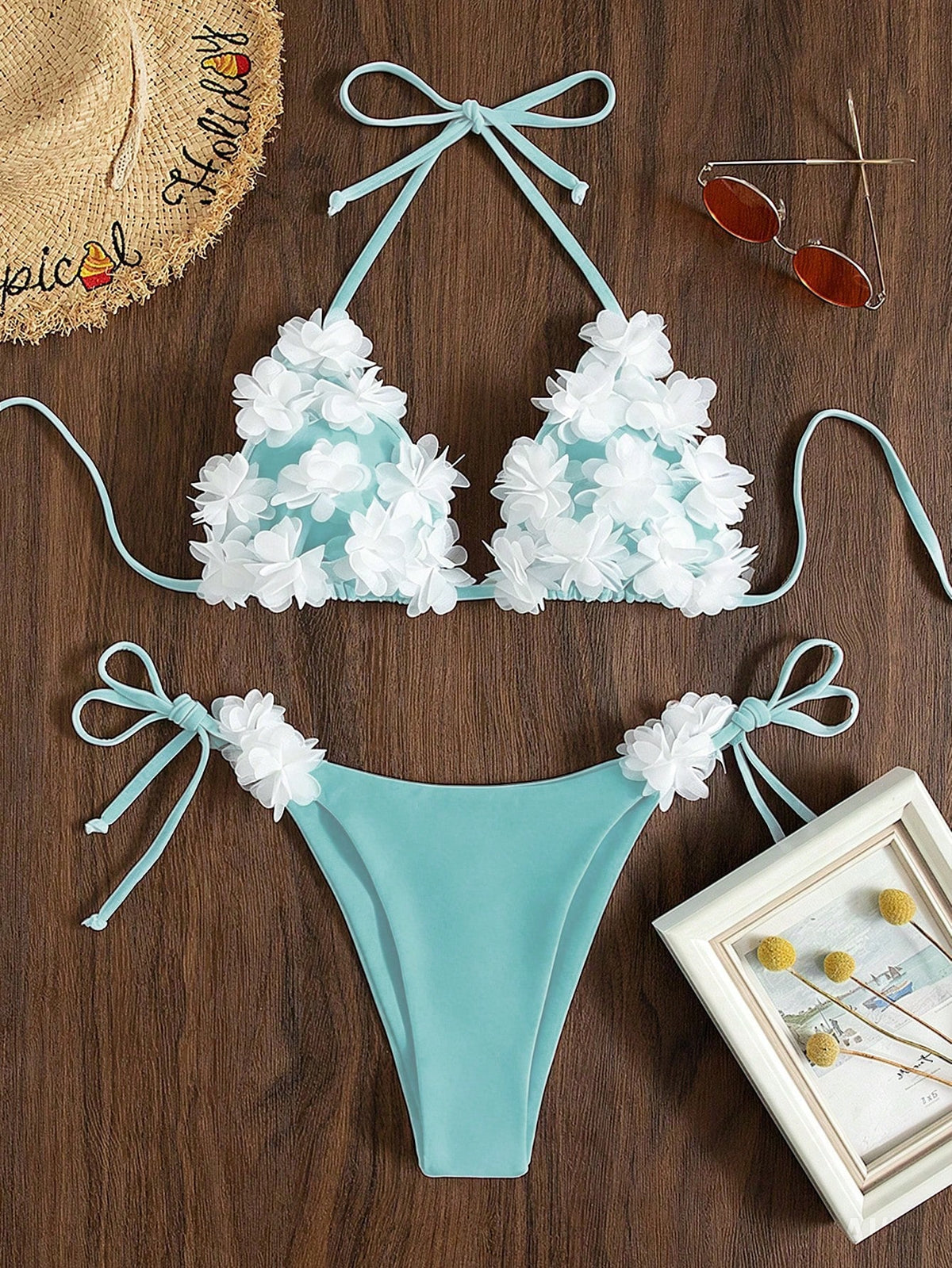 Swim Mod Women's Summer Beach Party 3D Flower Decor Halter Neck Tie Sexy Cute Bikini Triangle Bottoms Two-Piece Swimsuit Set Light Blue Floral