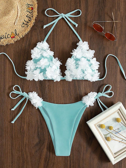 Swim Mod Women's Summer Beach Party 3D Flower Decor Halter Neck Tie Sexy Cute Bikini Triangle Bottoms Two-Piece Swimsuit Set Light Blue Floral