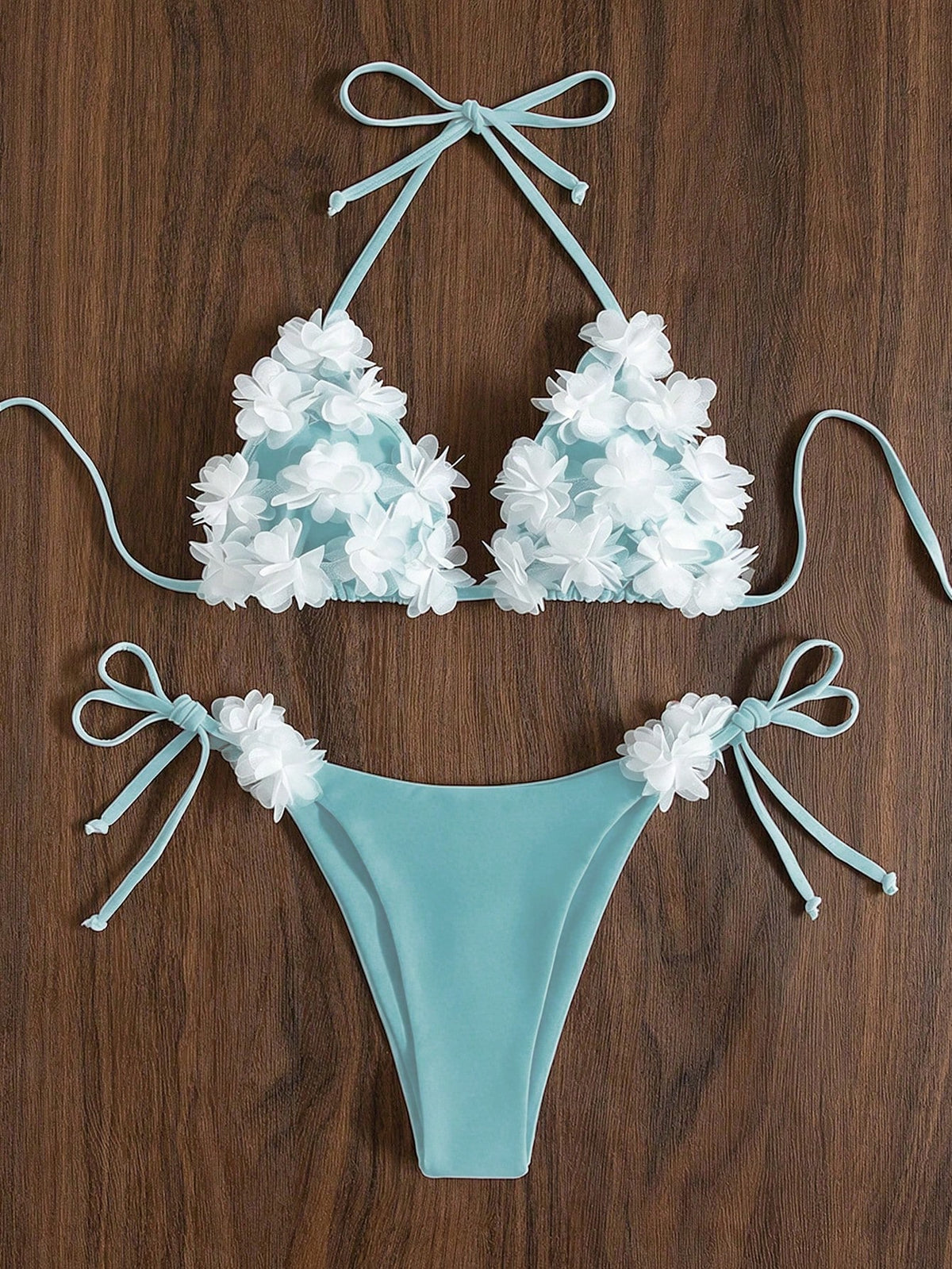 Swim Mod Women's Summer Beach Party 3D Flower Decor Halter Neck Tie Sexy Cute Bikini Triangle Bottoms Two-Piece Swimsuit Set Light Blue Floral