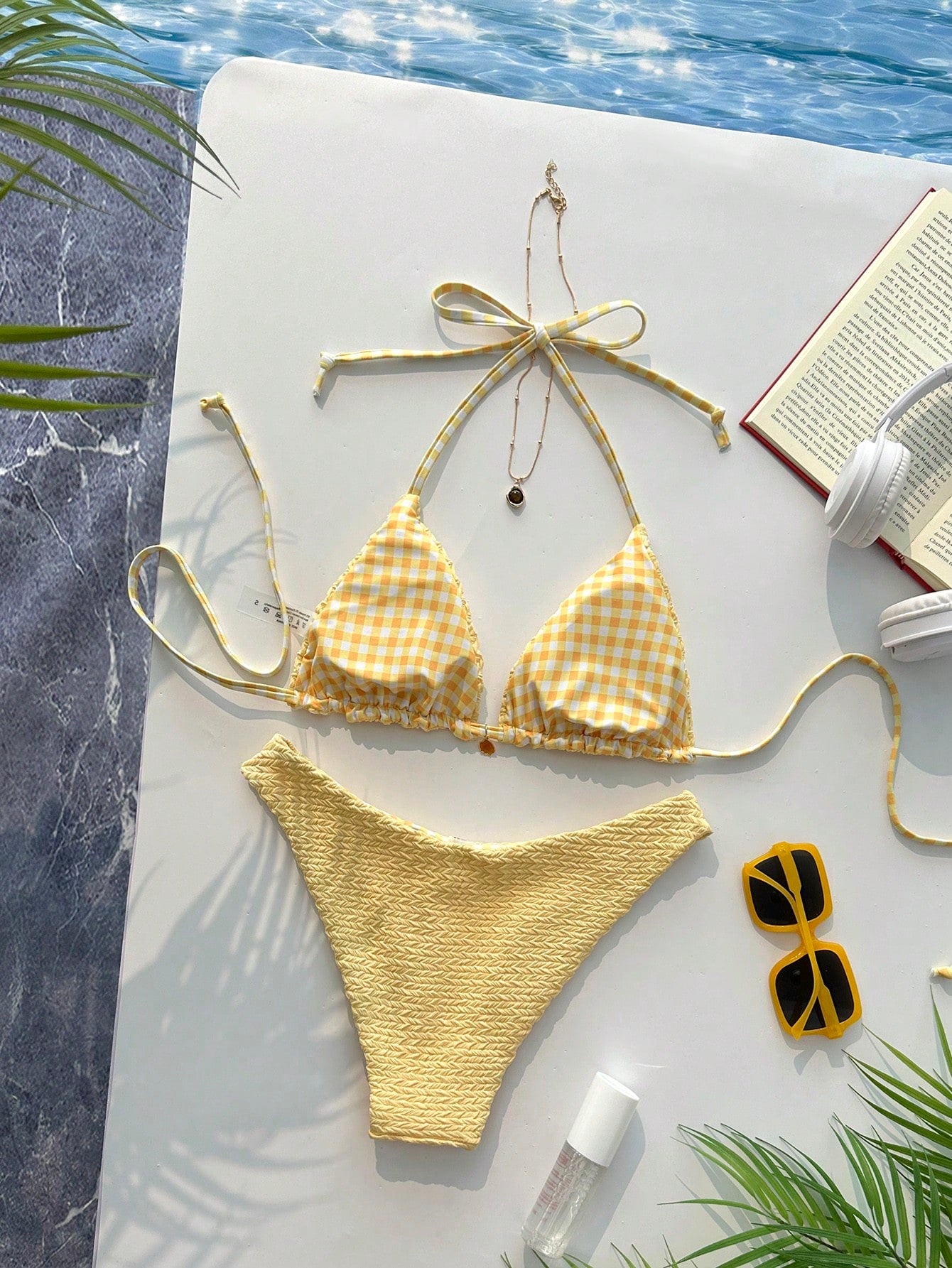 Swim Mod Women's Sweet Reversible Solid Color & Floral Print Bikini Set,Yellow Summer Casual Beach Holiday Vacation Swimwear For Millennium Western Style