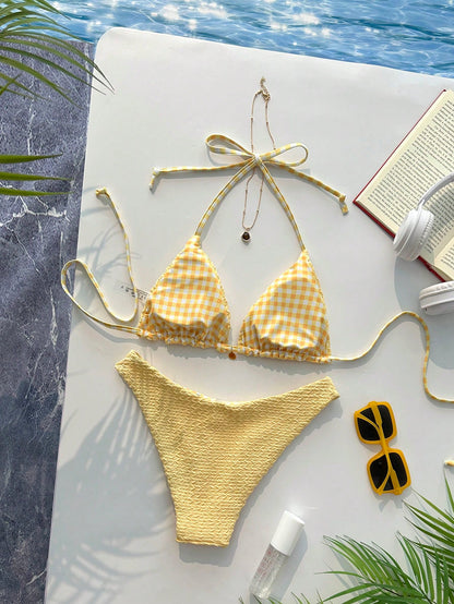 Swim Mod Women's Sweet Reversible Solid Color & Floral Print Bikini Set,Yellow Summer Casual Beach Holiday Vacation Swimwear For Millennium Western Style