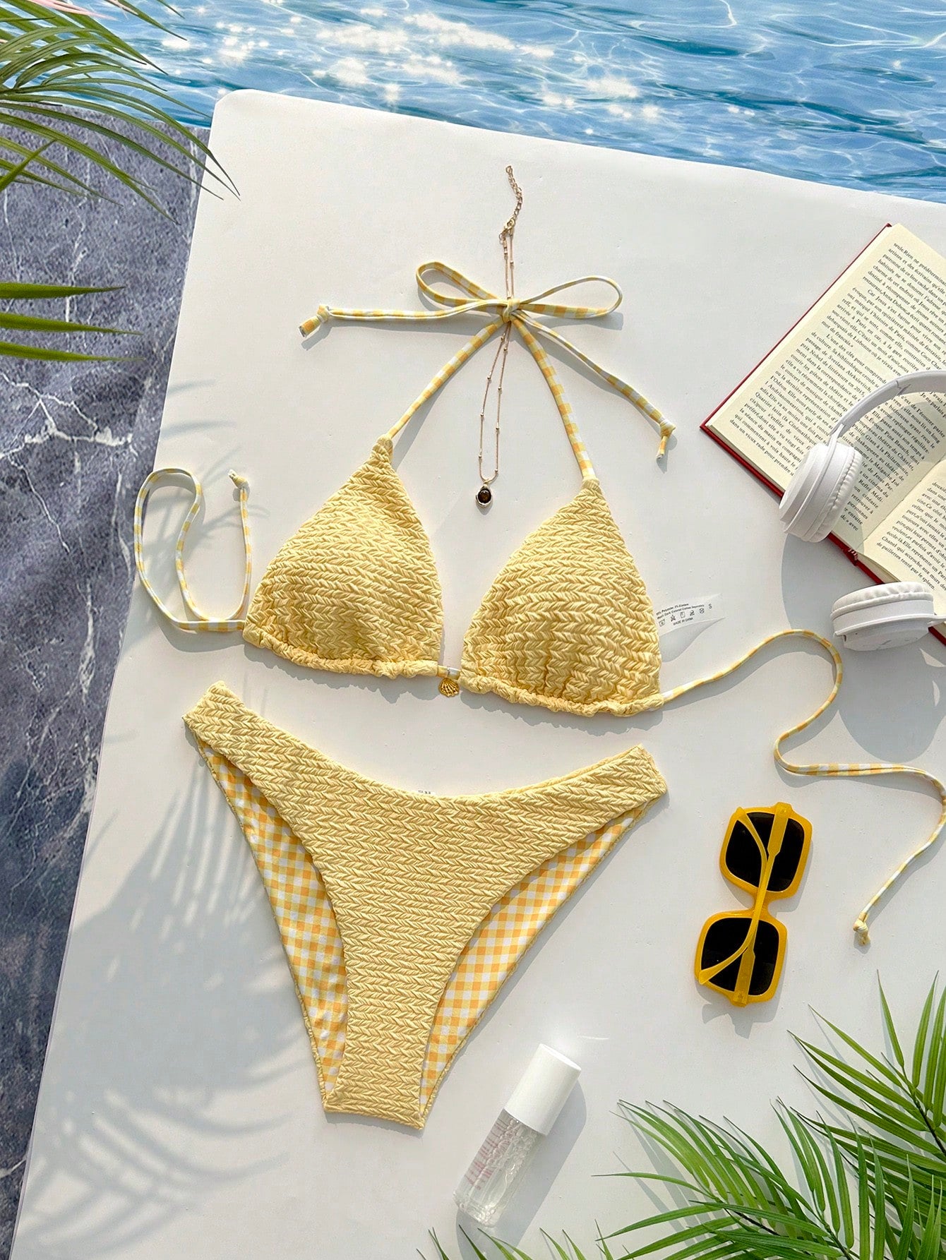 Swim Mod Women's Sweet Reversible Solid Color & Floral Print Bikini Set,Yellow Summer Casual Beach Holiday Vacation Swimwear For Millennium Western Style