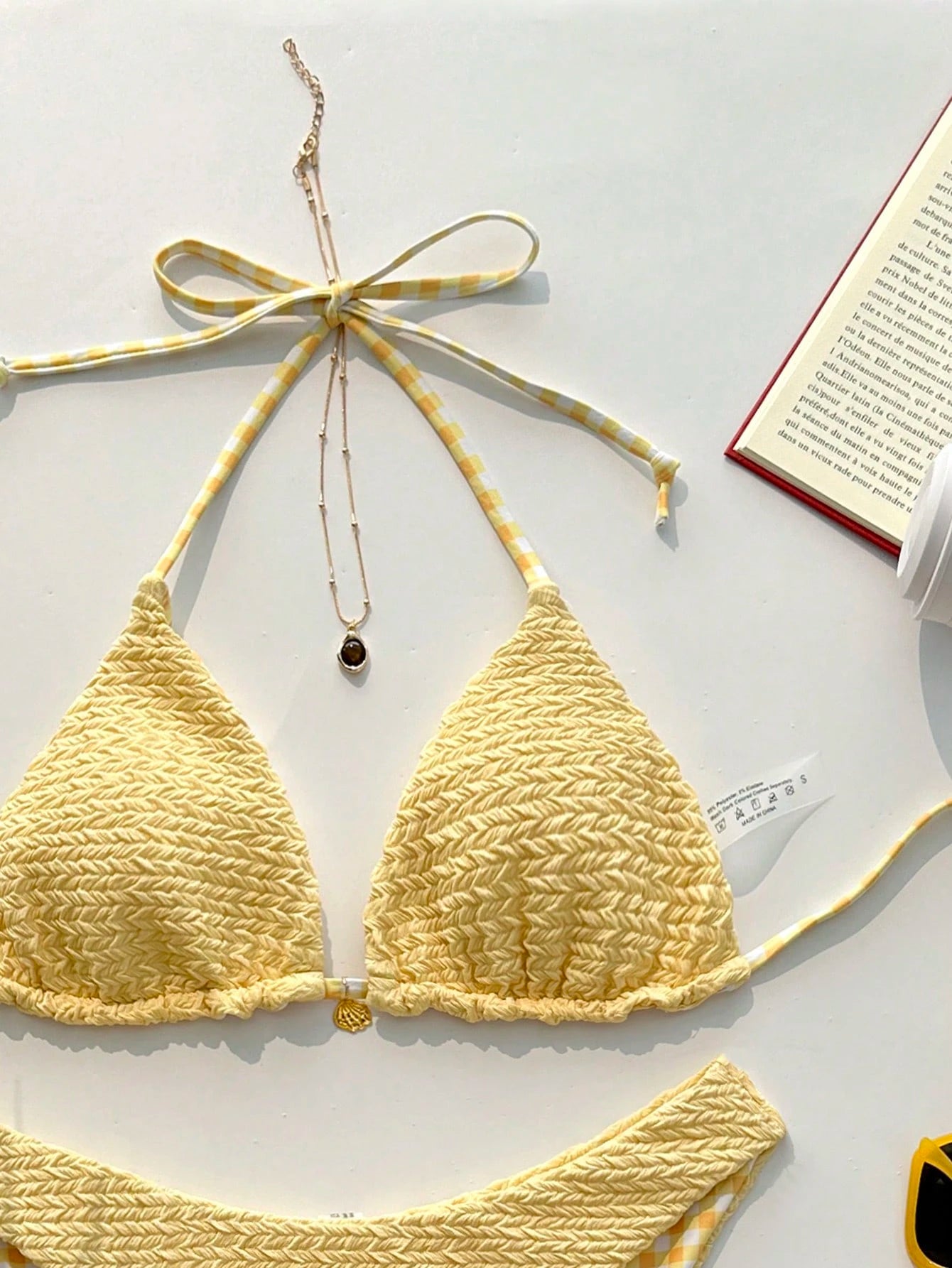 Swim Mod Women's Sweet Reversible Solid Color & Floral Print Bikini Set,Yellow Summer Casual Beach Holiday Vacation Swimwear For Millennium Western Style