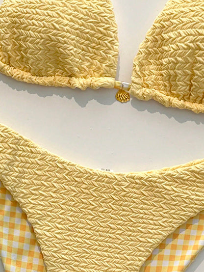 Swim Mod Women's Sweet Reversible Solid Color & Floral Print Bikini Set,Yellow Summer Casual Beach Holiday Vacation Swimwear For Millennium Western Style