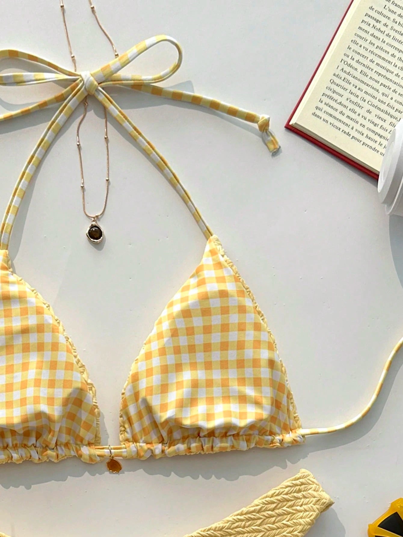 Swim Mod Women's Sweet Reversible Solid Color & Floral Print Bikini Set,Yellow Summer Casual Beach Holiday Vacation Swimwear For Millennium Western Style