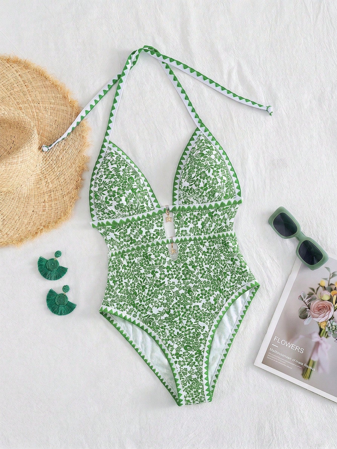 Swim Mod Women's White Floral Boho One Piece Swimsuit,Halter Monokini With Starfish Charm,Zigzag Trim Cutout High Cut Leg,Summer Holiday Pool Party Swimwear
