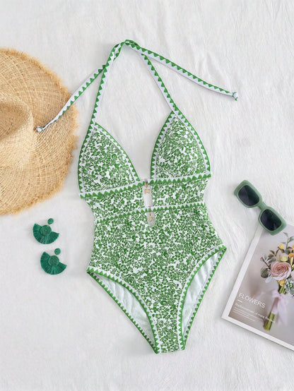 Swim Mod Women's White Floral Boho One Piece Swimsuit,Halter Monokini With Starfish Charm,Zigzag Trim Cutout High Cut Leg,Summer Holiday Pool Party Swimwear
