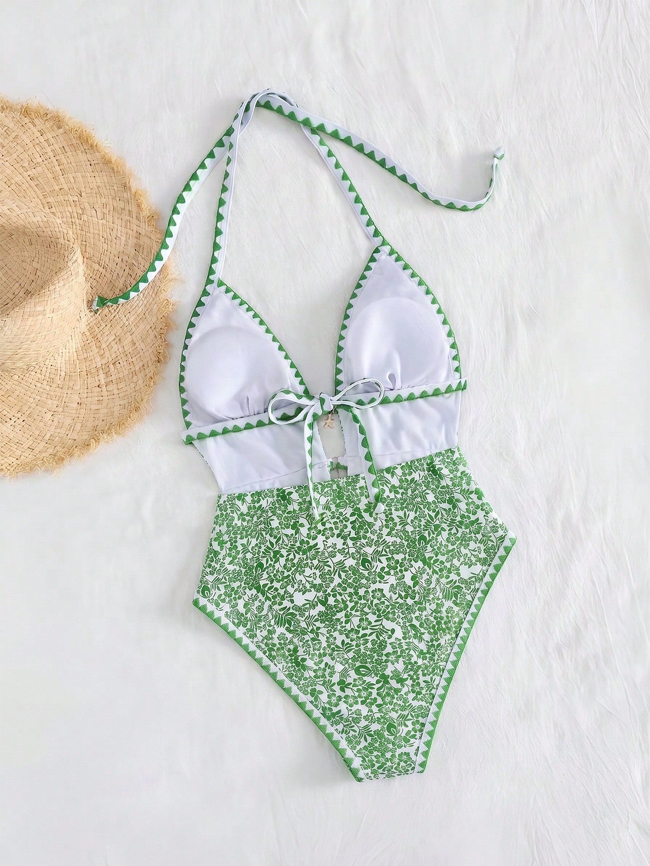 Swim Mod Women's White Floral Boho One Piece Swimsuit,Halter Monokini With Starfish Charm,Zigzag Trim Cutout High Cut Leg,Summer Holiday Pool Party Swimwear