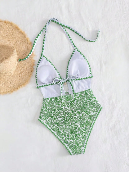 Swim Mod Women's White Floral Boho One Piece Swimsuit,Halter Monokini With Starfish Charm,Zigzag Trim Cutout High Cut Leg,Summer Holiday Pool Party Swimwear