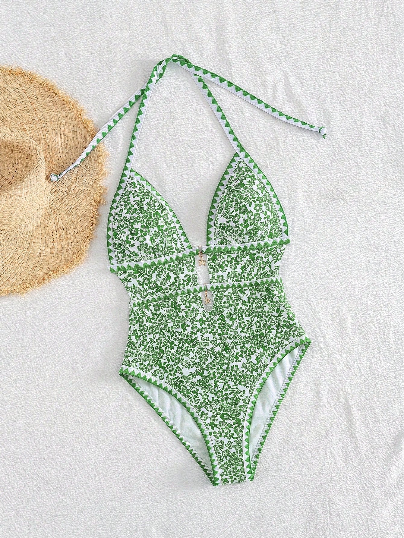 Swim Mod Women's White Floral Boho One Piece Swimsuit,Halter Monokini With Starfish Charm,Zigzag Trim Cutout High Cut Leg,Summer Holiday Pool Party Swimwear