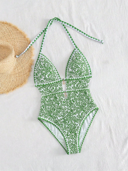 Swim Mod Women's White Floral Boho One Piece Swimsuit,Halter Monokini With Starfish Charm,Zigzag Trim Cutout High Cut Leg,Summer Holiday Pool Party Swimwear
